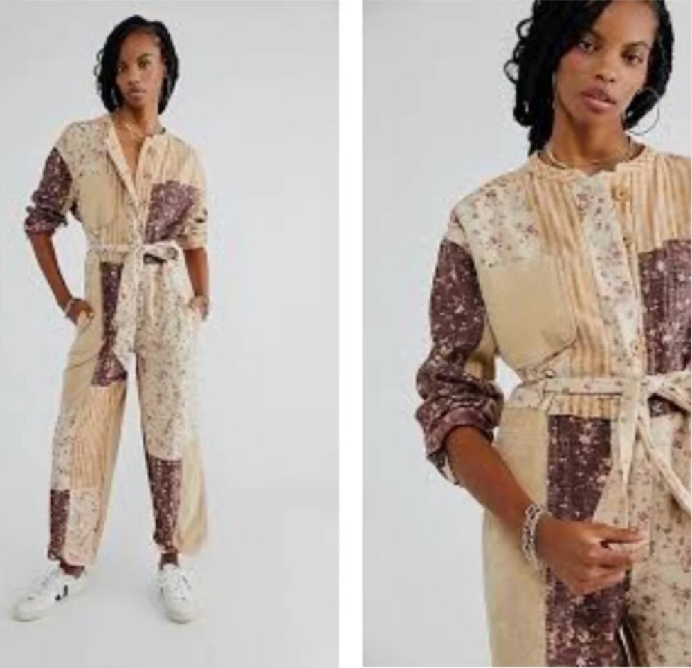Free People Road Trip Patched Coveralls Small Boho Floral Corduroy